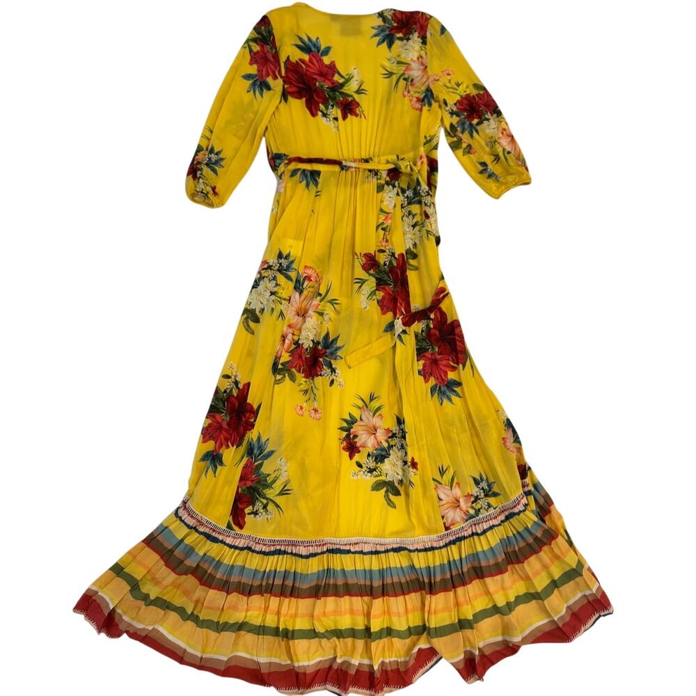 FARM Rio Anthropologie Marketplace Wrap Dress XS Yellow Floral Maxi Resort Boho - Picture 4 of 16